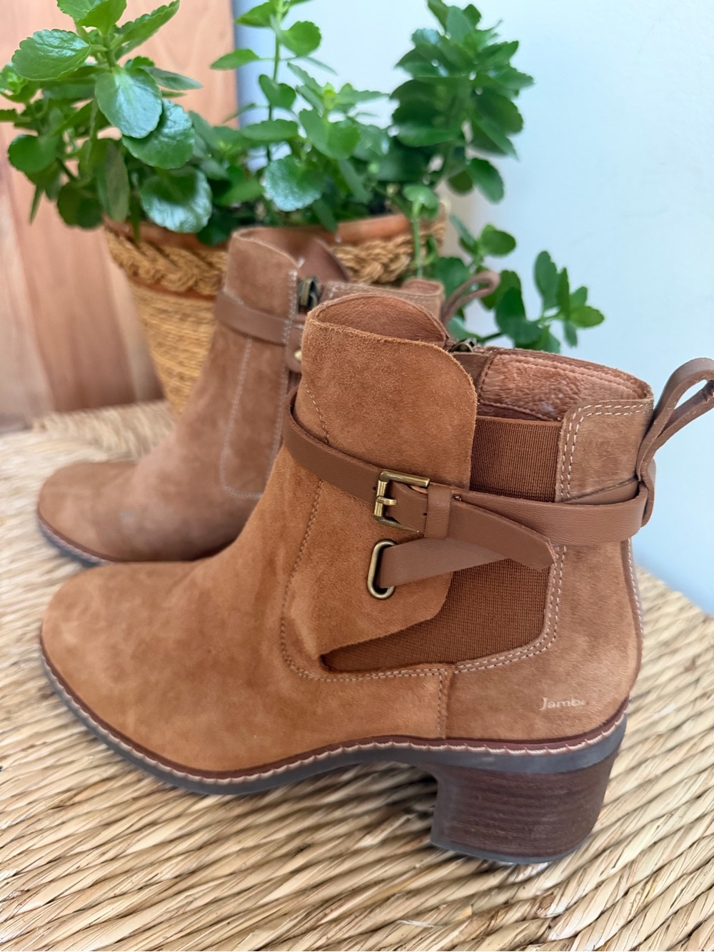 Jambu Vivi Water Resistant Woman’s Tan' Suede Ankle Booties with Buckle Strap